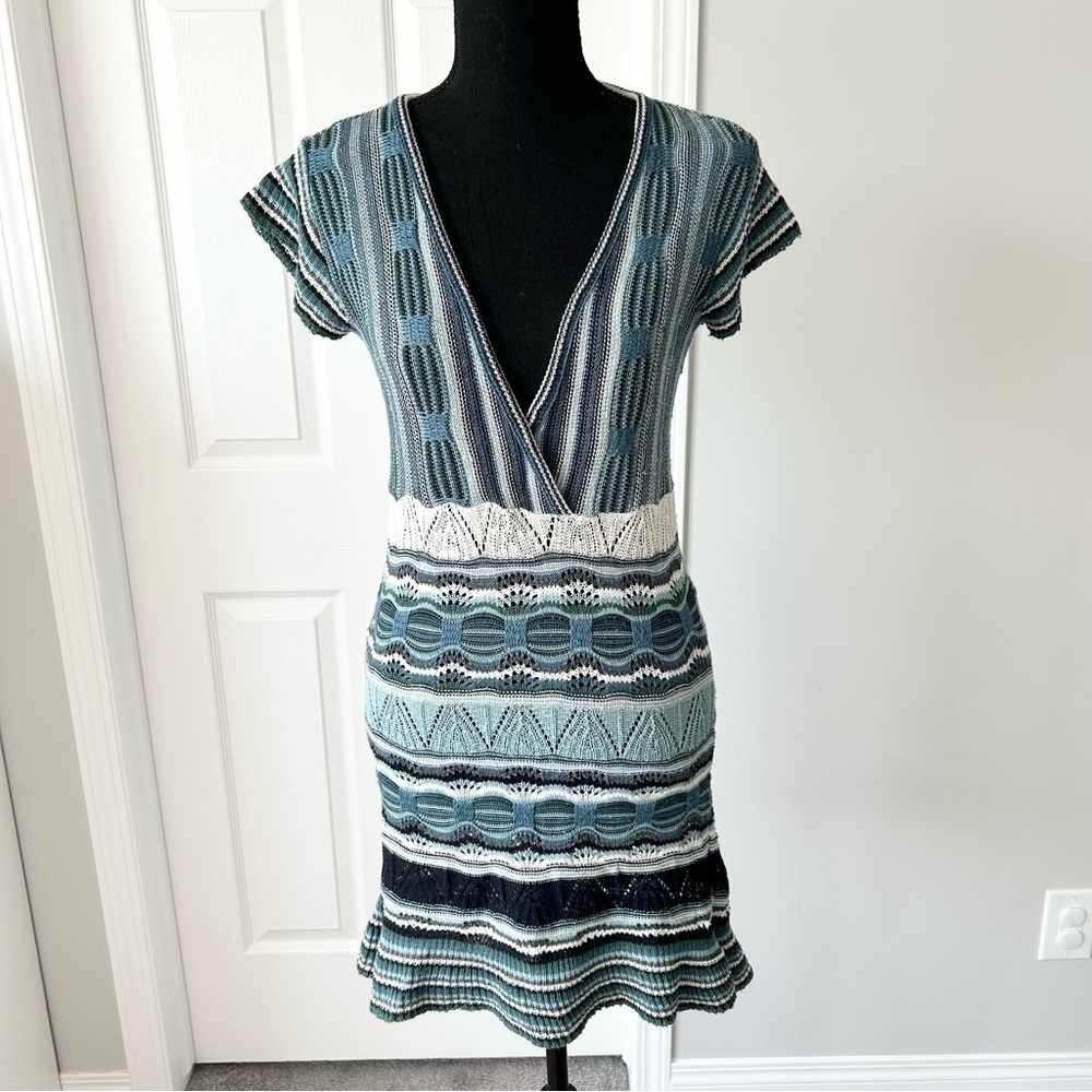 Say What Striped Knitted Faux Wrap Ruffle Hem Dress